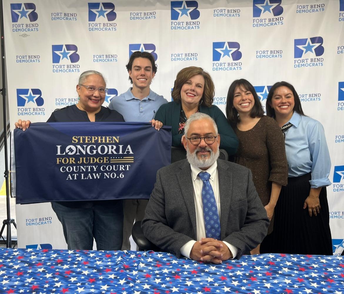 Stephen Longoria with supporters at a Fort Bend Democrats campaign event